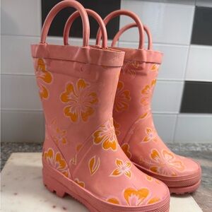 Land’s End Floral Pink and Orange Kids Rain Boots